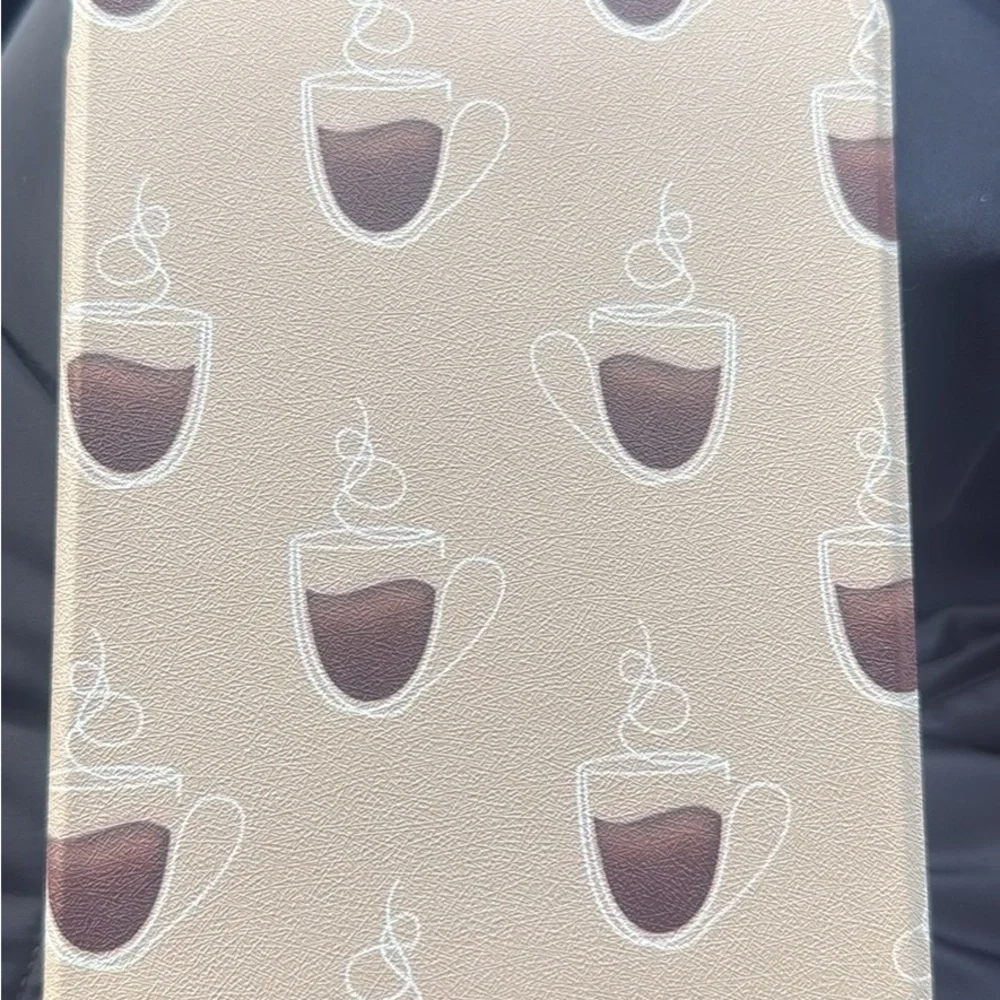 Faux leather Kindle Case with hand strap, Coffee Cup Patterned, Tan